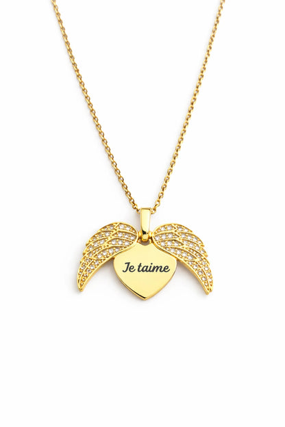 Collier ailes d’ange acier inoxydable doré coeur gravé je t'aime ailes strass