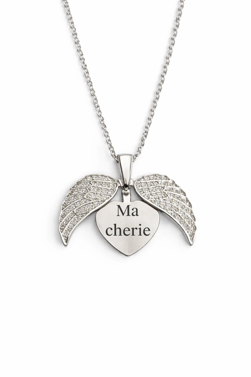 Collier cœur ailes d’ange en acier inoxydable argenté, bijou symbolique gravé , idéal comme cadeau plein d’émotion.