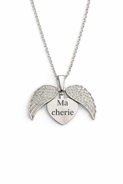 Collier cœur ailes d’ange en acier inoxydable argenté, bijou symbolique gravé , idéal comme cadeau plein d’émotion.