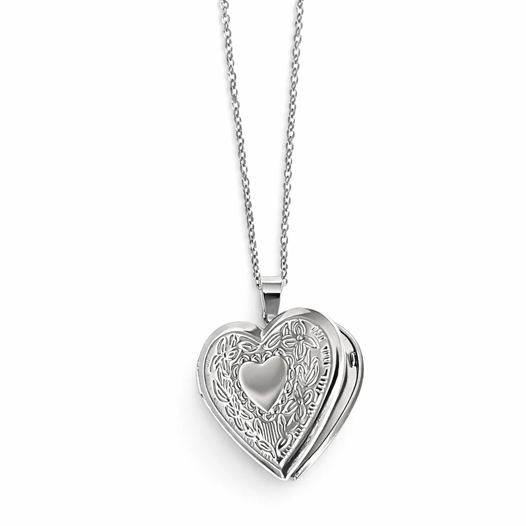 Collier cœur ouvrant argent avec motif floral et espace pour photo intérieure