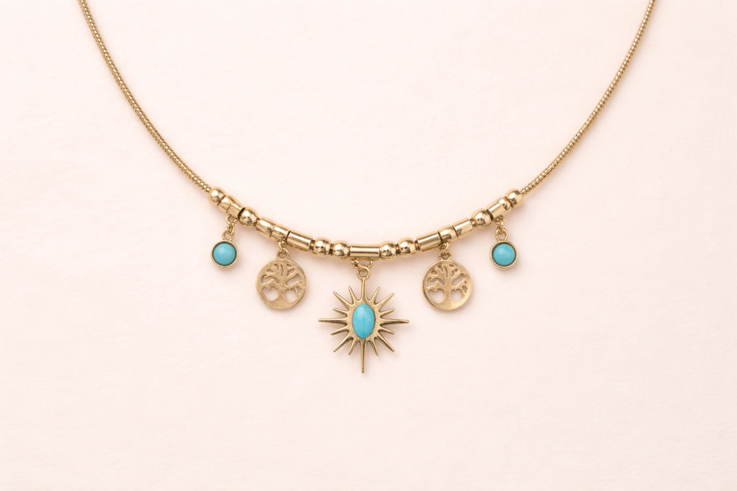 Collier doré en acier inoxydable avec pampilles soleil, arbre de vie et pierres COULEUR turquoise