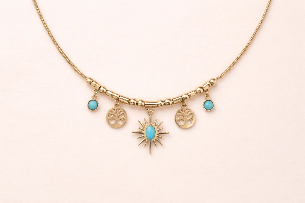Collier doré en acier inoxydable avec pampilles soleil, arbre de vie et pierres COULEUR turquoise