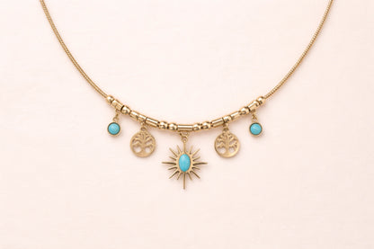 Collier doré en acier inoxydable avec pampilles soleil, arbre de vie et pierres COULEUR turquoise