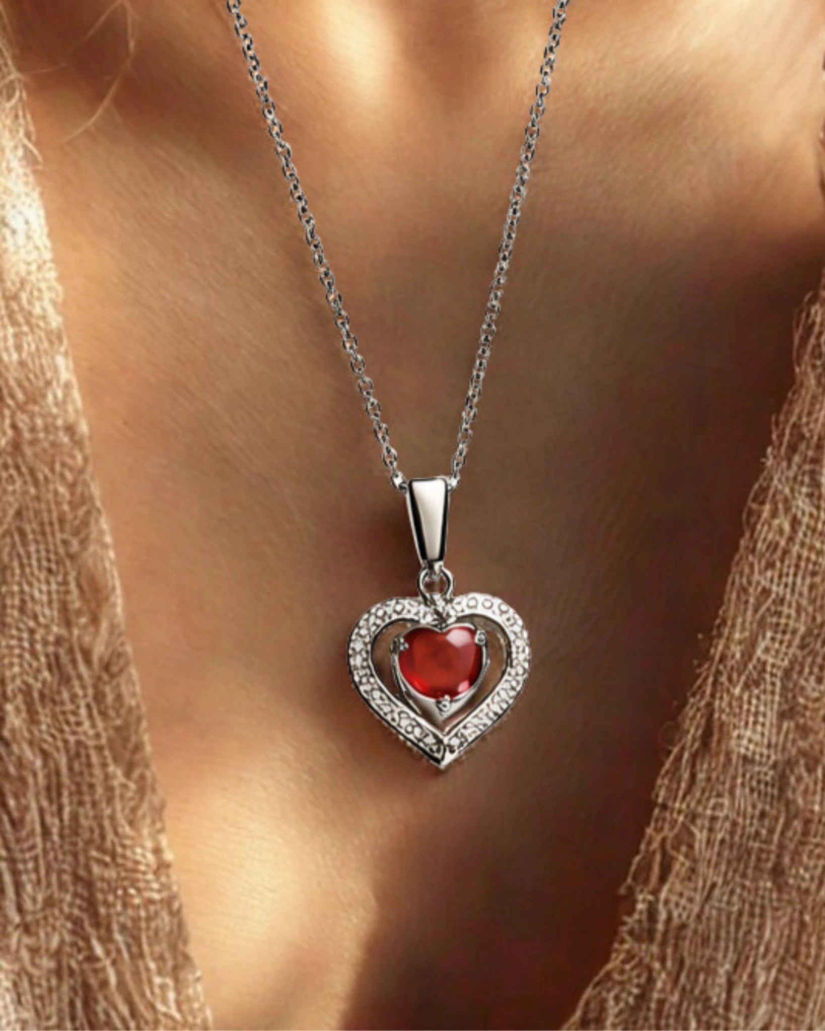 collier cœur rouge en acier inoxydable argent – bijou romantique symbole d’amour et de passion.