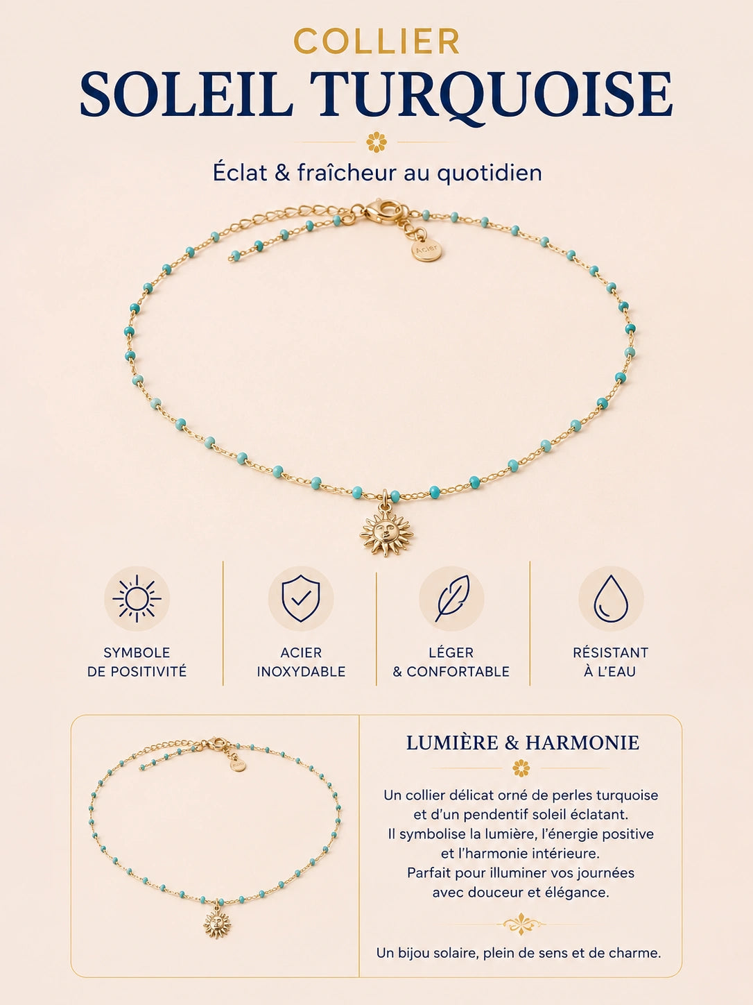 Collier Soleil Doré en acier inoxydable avec pendentif soleil doré et perles TURQUOISE
