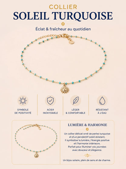 Collier Soleil Doré en acier inoxydable avec pendentif soleil doré et perles TURQUOISE