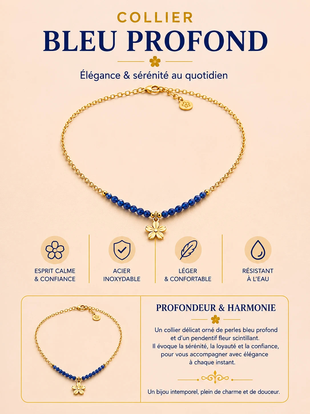 Collier fleur – Acier inoxydable doré & perles bleu intense