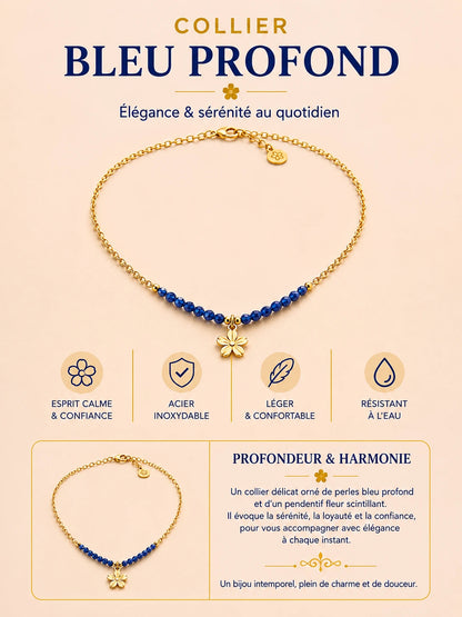 Collier fleur – Acier inoxydable doré & perles bleu intense