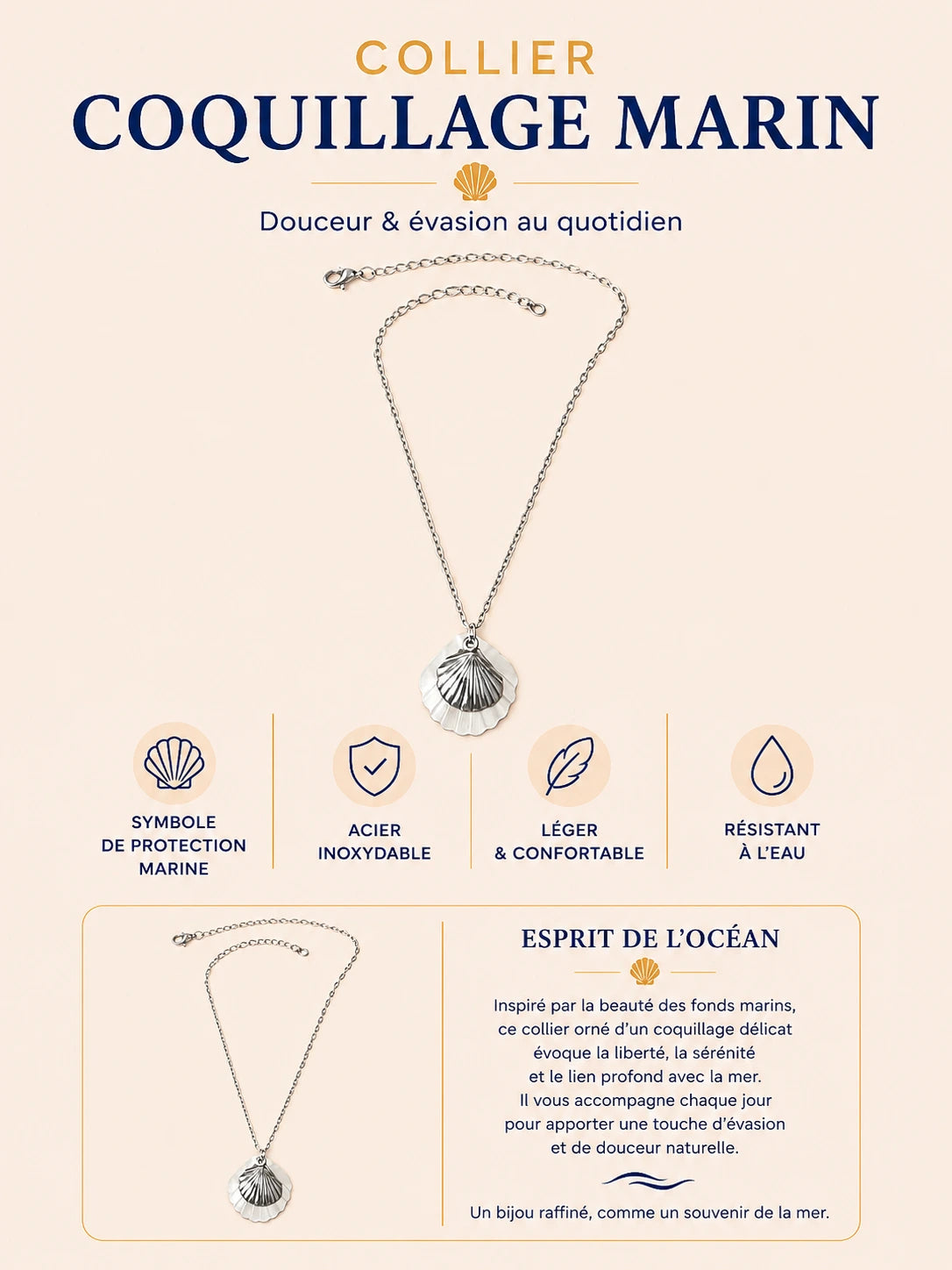 Collier Coquillage Marin en acier inoxydable argenté avec pendentif coquillage élégant