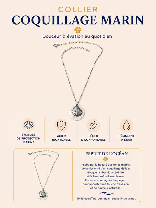 Collier Coquillage Marin en acier inoxydable argenté avec pendentif coquillage élégant