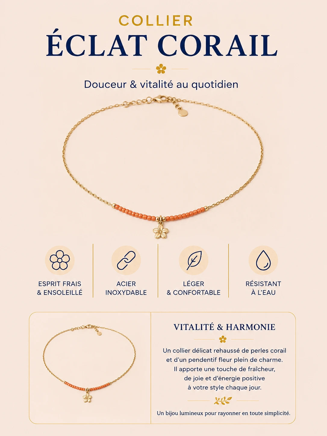 Collier fleur – Acier inoxydable doré & perles bleu intense