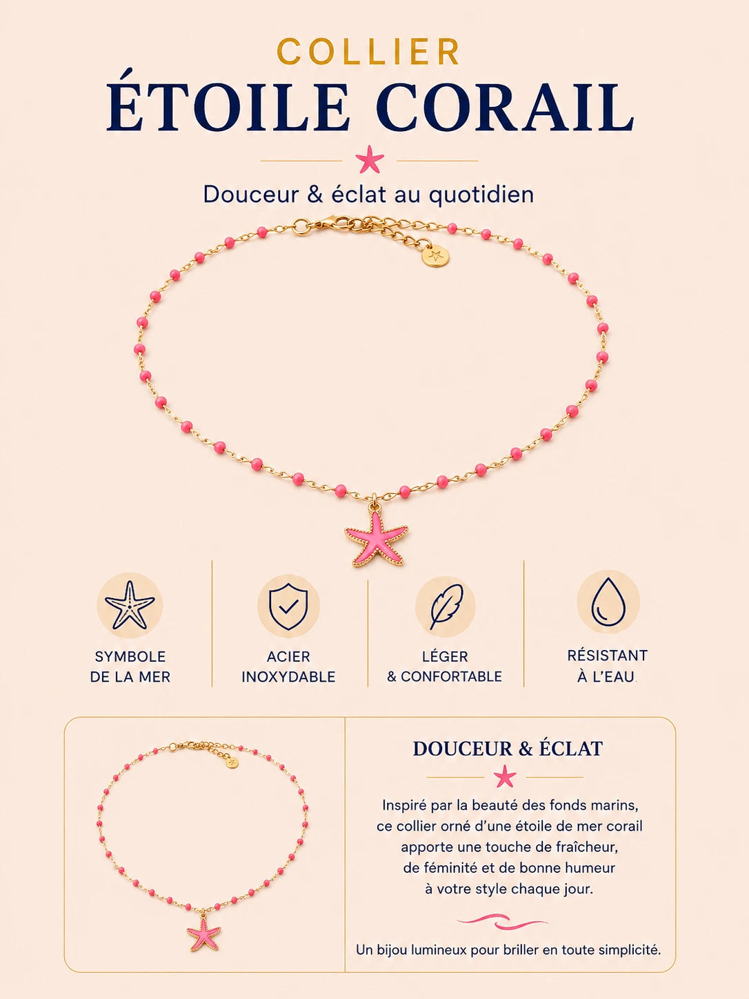 Collier Étoile l en acier inoxydable doré avec étoile rose et perles 