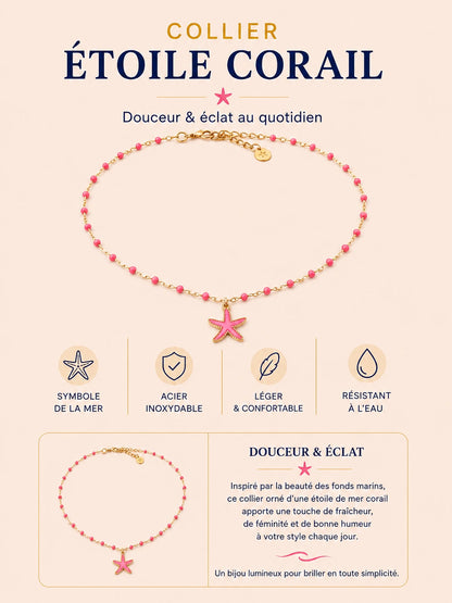 Collier Étoile l en acier inoxydable doré avec étoile rose et perles 