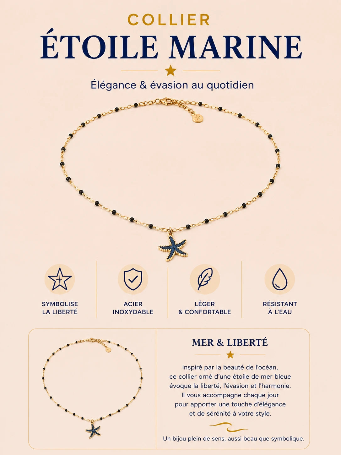 Collier Étoile en acier inoxydable doré avec étoile rose et perles 