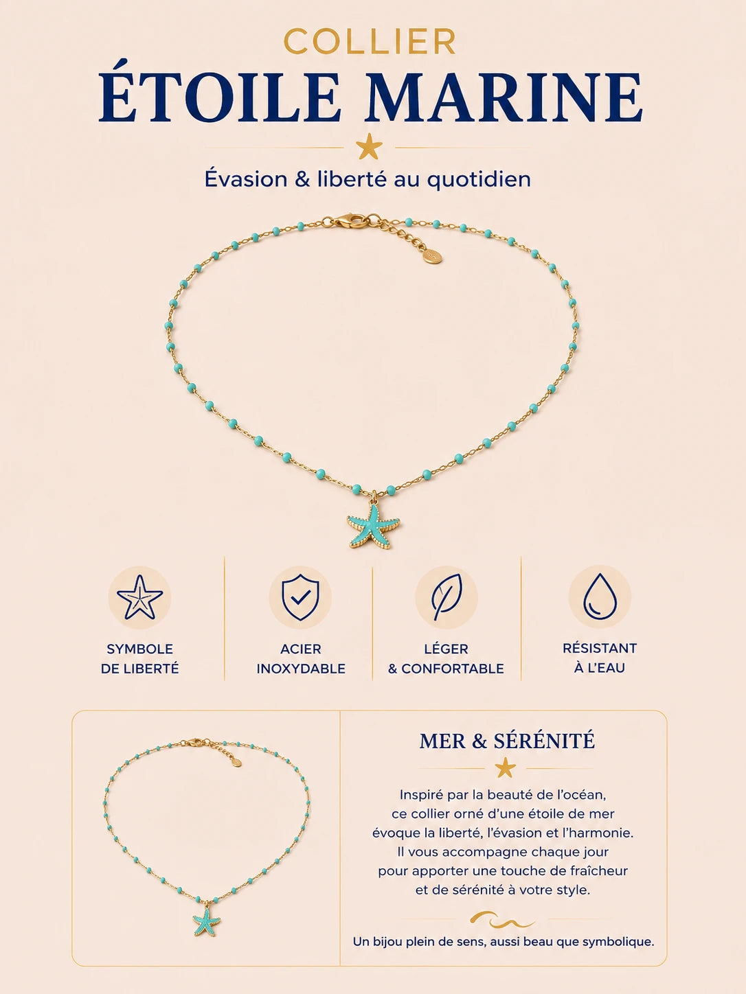Collier Étoile en acier inoxydable doré avec étoile rose et perles 