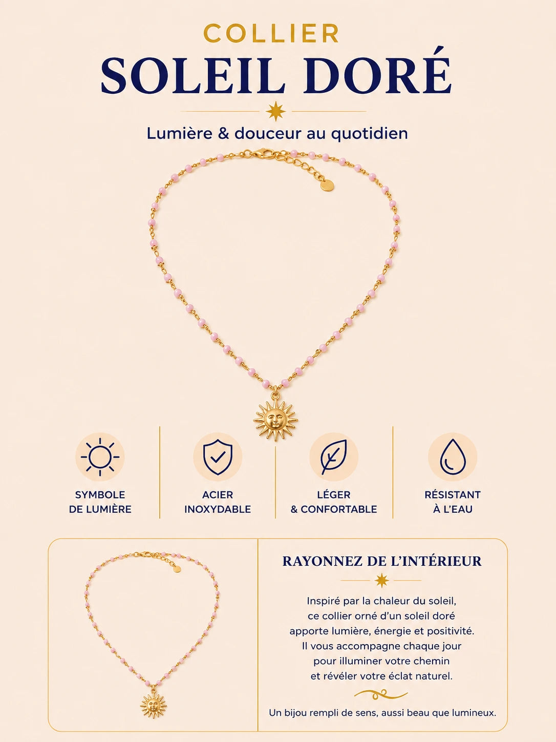 Collier Soleil Doré en acier inoxydable avec pendentif soleil doré et perles rosées