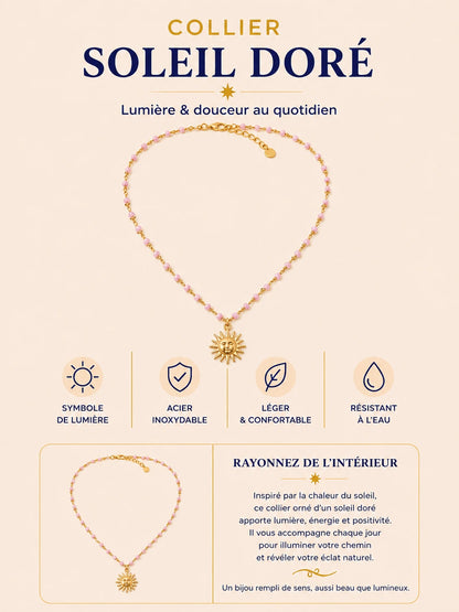 Collier Soleil Doré en acier inoxydable avec pendentif soleil doré et perles rosées