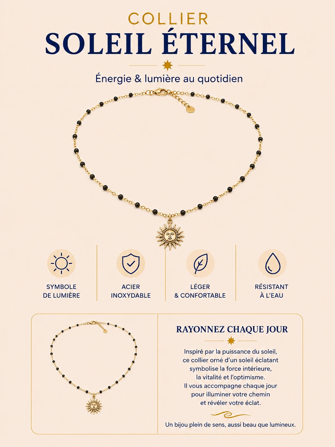 Collier Soleil Doré en acier inoxydable avec pendentif soleil doré et perles NOIRES