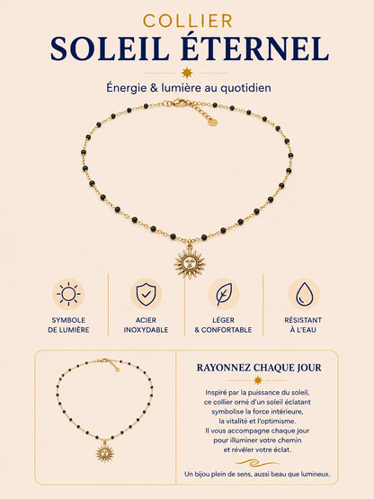 Collier Soleil Doré en acier inoxydable avec pendentif soleil doré et perles NOIRES