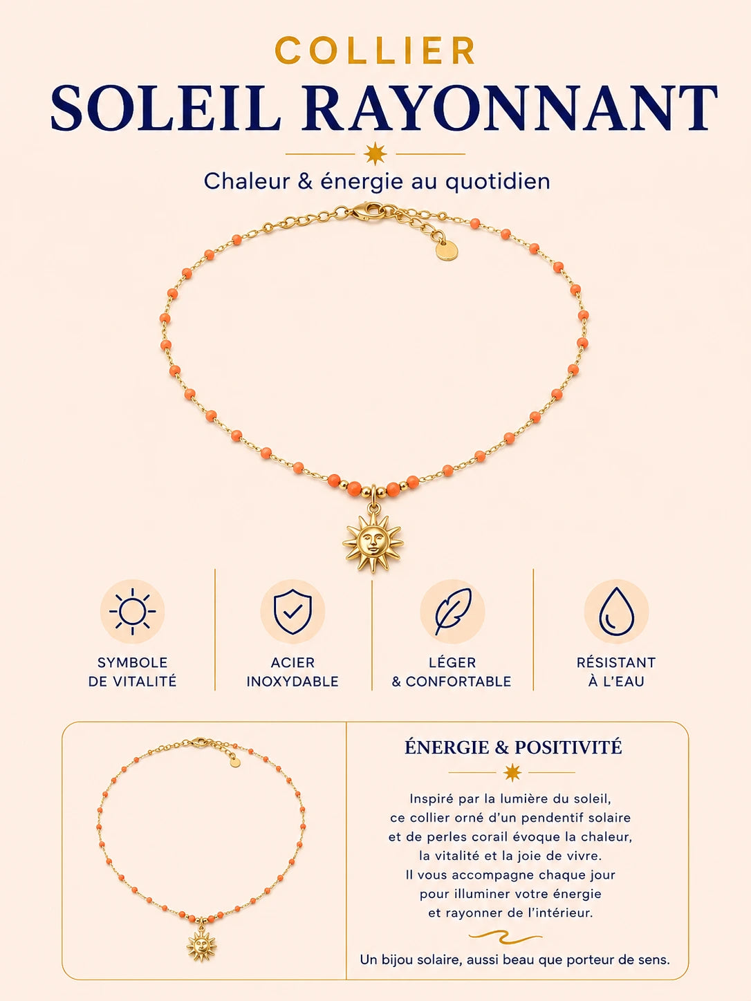 Collier Soleil Doré en acier inoxydable avec pendentif soleil doré et perles CORAIL