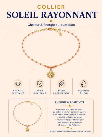 Collier Soleil Doré en acier inoxydable avec pendentif soleil doré et perles CORAIL