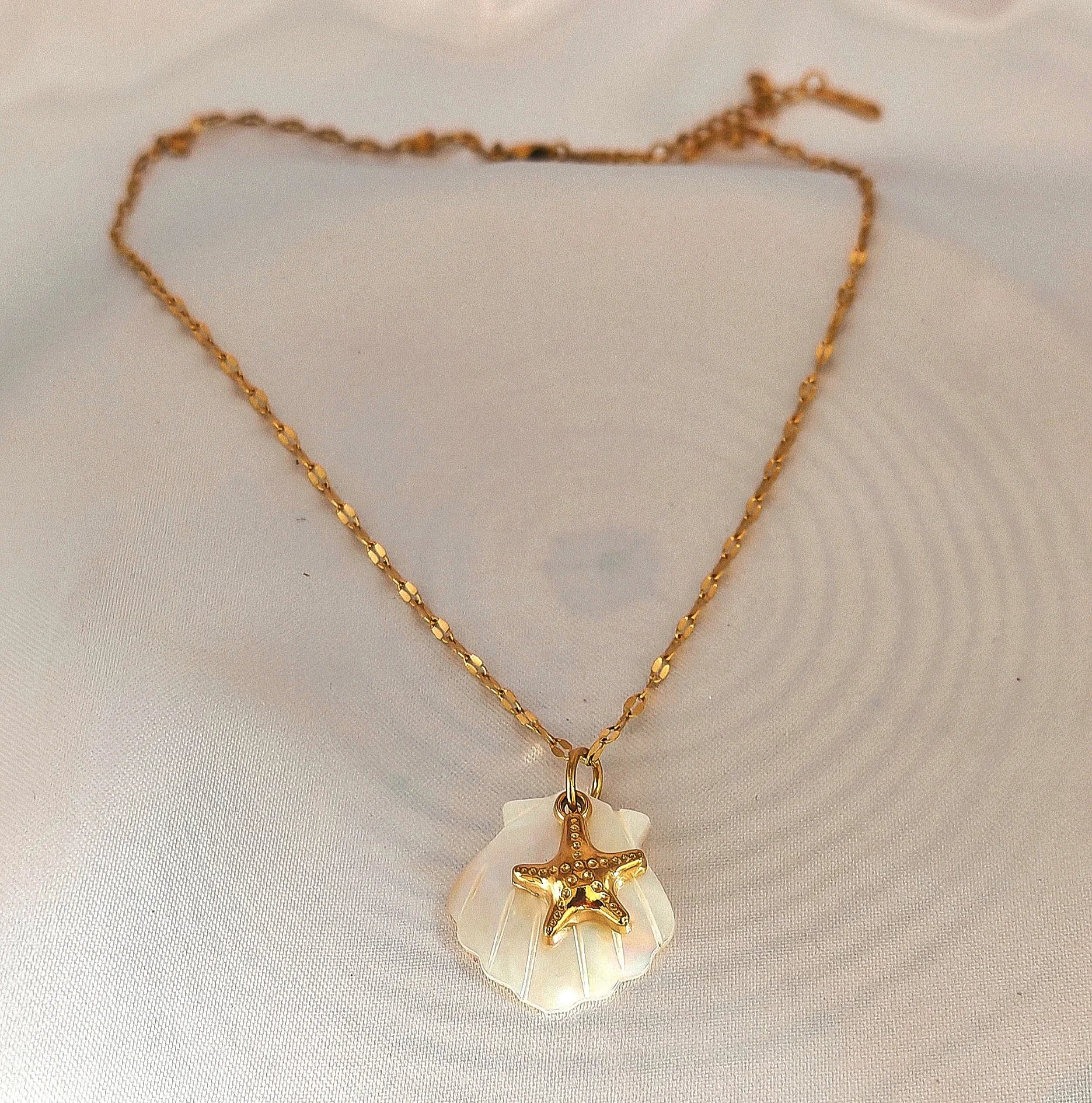 🌊 Un design naturel et raffiné

Ce collier délicat se compose d’une chaîne en acier inoxydable ornée d’un pendentif en forme de coquillage, subtilement nacré. Ses reflets doux et lumineux apportent une note chic et intemporelle, parfaite pour sublimer aussi bien une tenue estivale qu’un look de tous les jours.
Waterproof, hypoallergénique et durable, il est conçu pour résister à la vie quotidienne sans perdre son éclat.

C’est le bijou idéal pour les amoureuses de la mer et des accessoires minimalistes ave