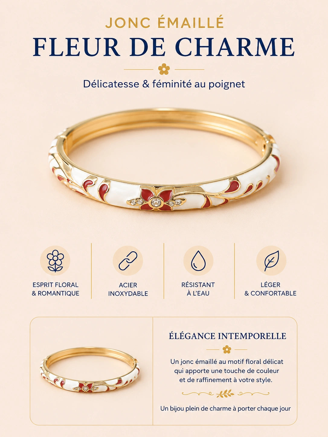 Jonc émaillé Fleur de Charme en acier inoxydable doré avec motif floral délicat
