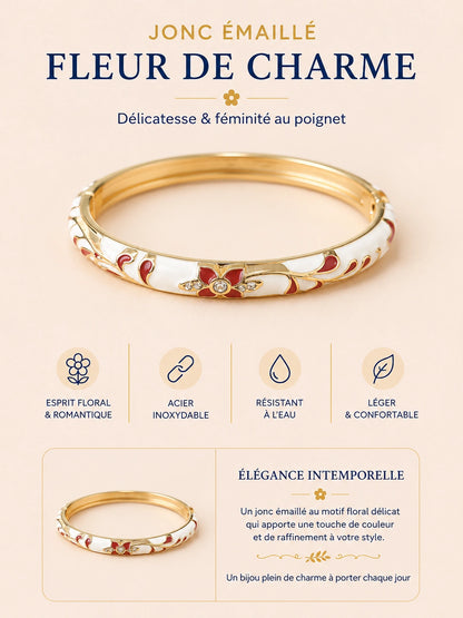 Jonc émaillé Fleur de Charme en acier inoxydable doré avec motif floral délicat