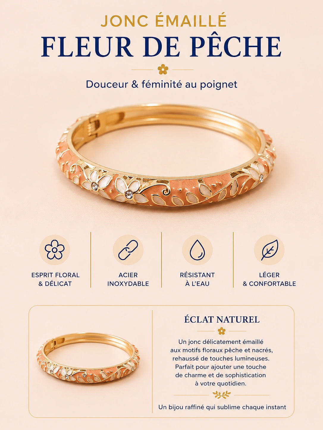 Jonc émaillé Fleur de Charme en acier inoxydable doré avec motif floral délicat