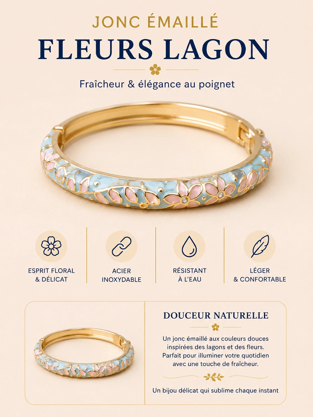 Jonc émaillé Fleur de Charme en acier inoxydable doré avec motif floral délicat