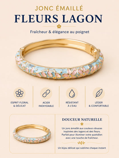 Jonc émaillé Fleur de Charme en acier inoxydable doré avec motif floral délicat