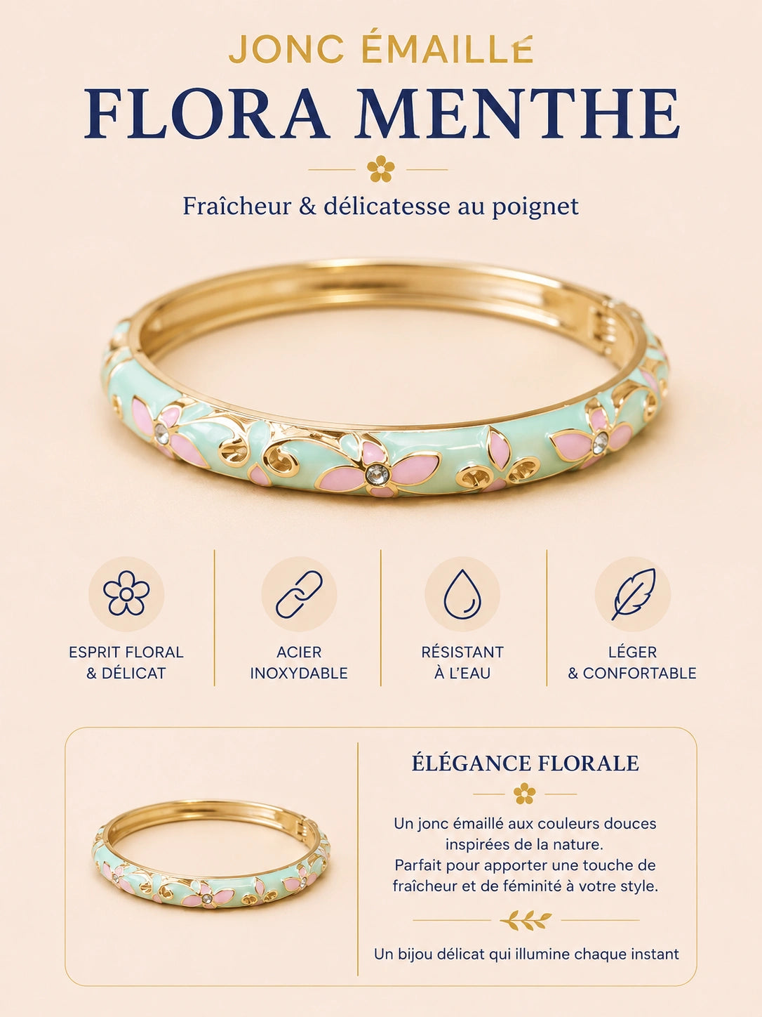 Jonc émaillé Fleur de Charme en acier inoxydable doré avec motif floral délicat
