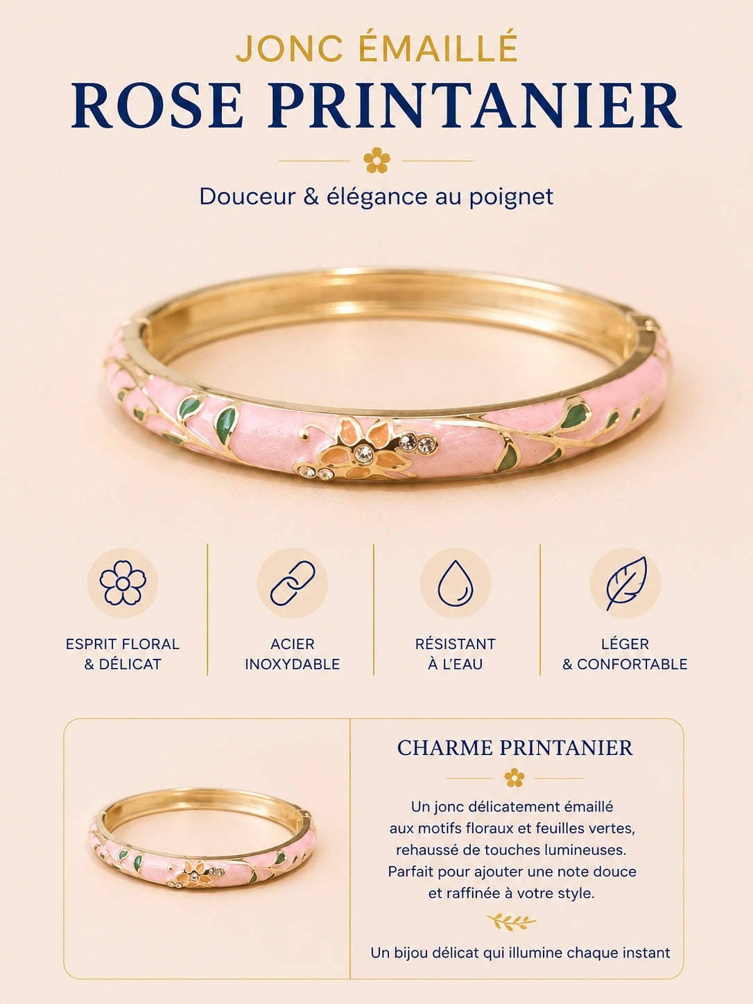 Jonc émaillé Fleur de Charme en acier inoxydable doré avec motif floral délicat