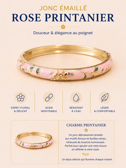 Jonc émaillé Fleur de Charme en acier inoxydable doré avec motif floral délicat