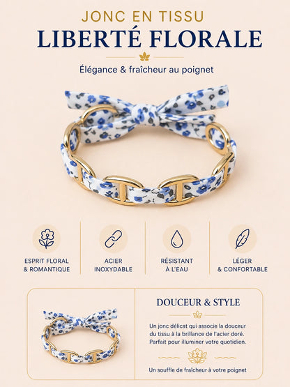 Jonc Liberté Florale en tissu fleuri bleu et acier inoxydable doré