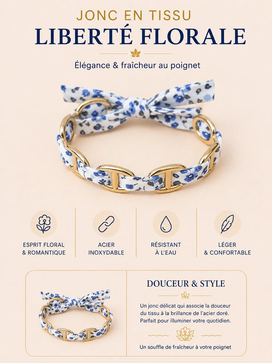 Jonc Liberté Florale en tissu fleuri bleu et acier inoxydable doré