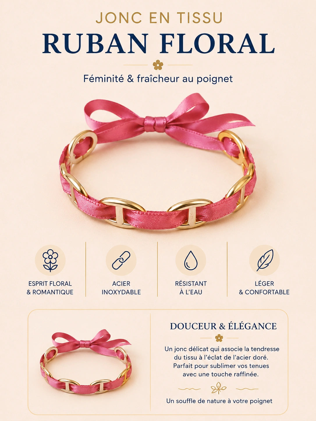 Jonc Liberté Florale en tissu fleuri bleu et acier inoxydable doré